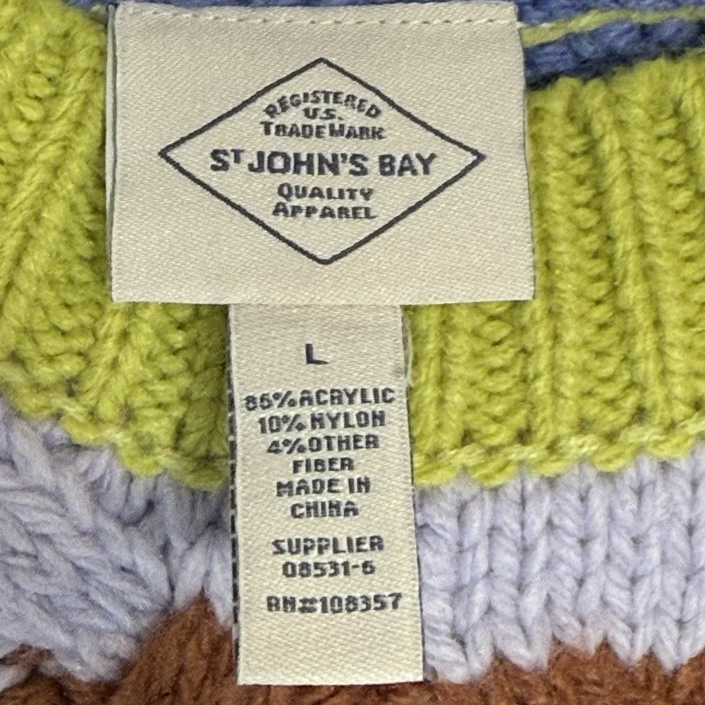 St Johns Bay NWT L Heavy Cable Knit‎ Sweater Womens Multi Color Striped Colorful